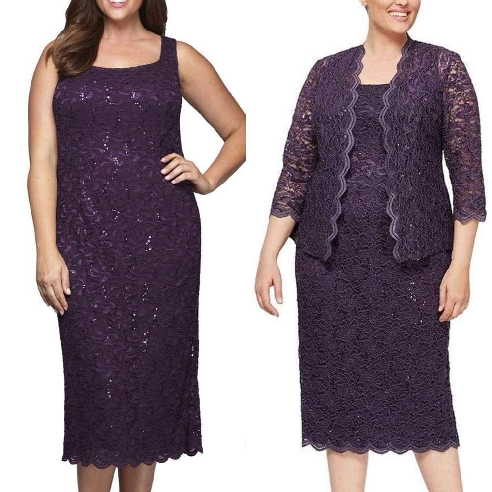 Alex Evenings 412264 Square Neck Lace Tea Length Dress Plum Purple 10 Petite